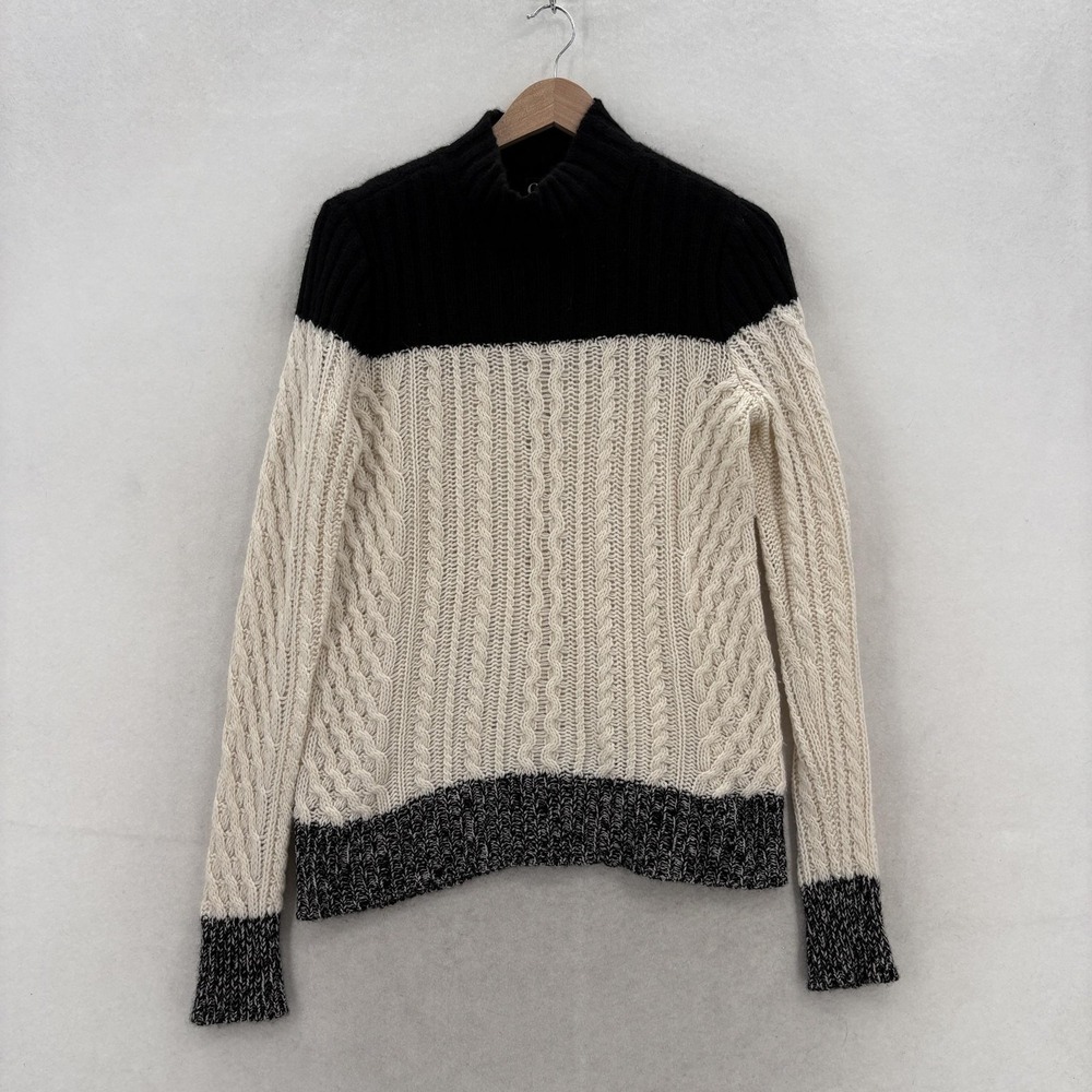 C By Bloomingdale's Sweater Womens M White Black Cashmere Mock Neck Cable Knit